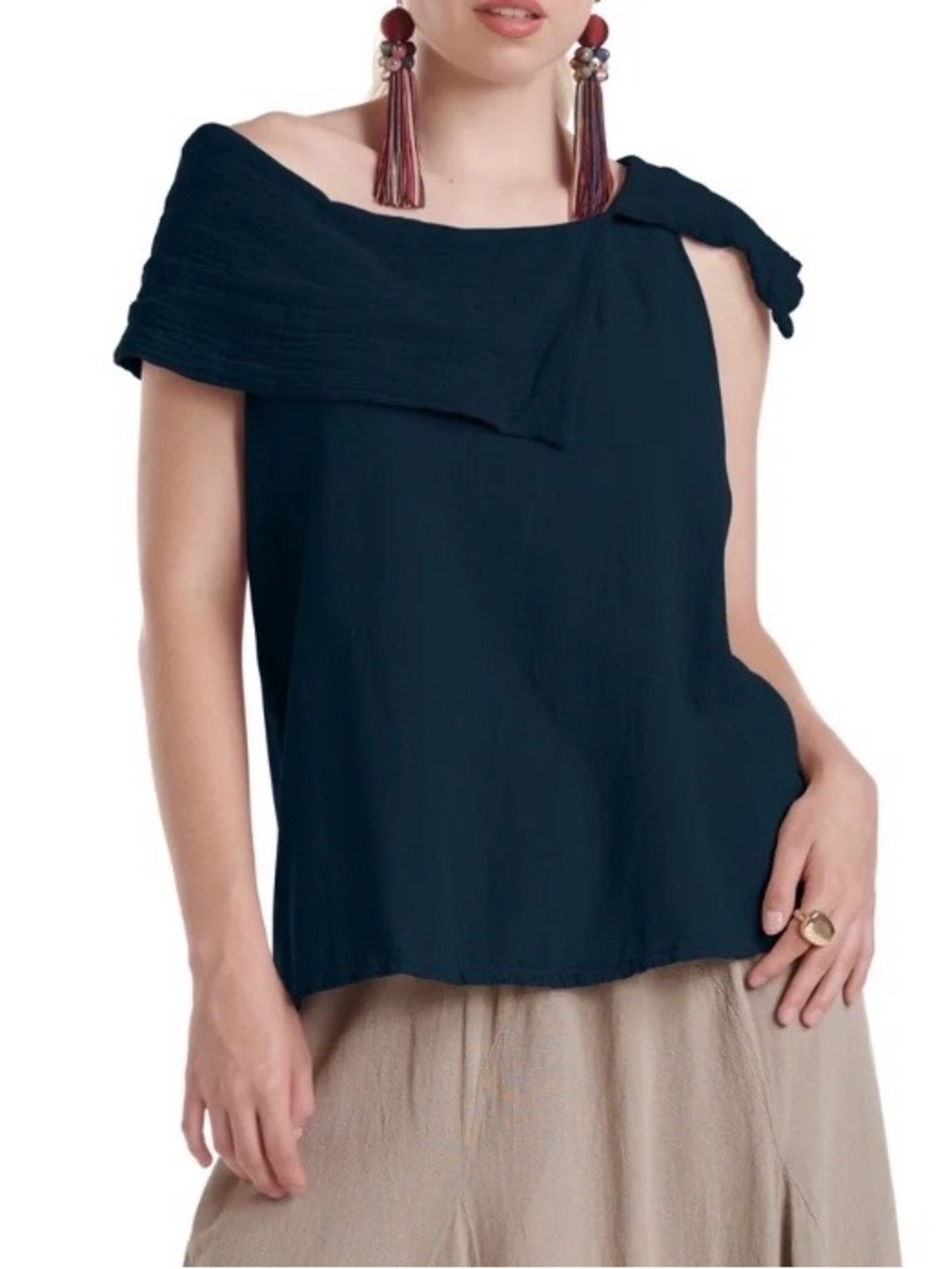 Oh My Gauze! Black Gauzey Cotton Asymmetrical Draped Blouse Lagenlook Artsy